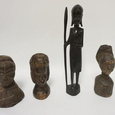 1111	4 ETHNIC WOOD CARVINGS, 3 BUSTS & HARDWOOD FIGURE, TALLEST IS 14 1/4 IN
