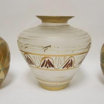 1102	3 DECORATIVE ACCESSORIES, PAIR OF GILT CERAMIC URNS & PAINT DECORATED GLASS BOWL, 11 IN HIGH
