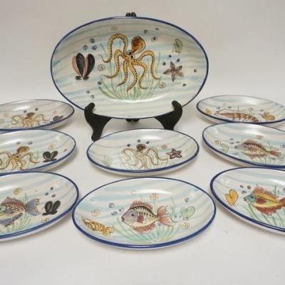 1068	9 PIECE ITALIAN HAND PAINTED SEAFOOD SET, GIOVANNI VIETRI, LARGE BOWL IS 15 3/8 IN
