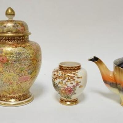 1079	4 PIECE ASIAN PORCELAIN SATSUMA & NORITAKE, COVERED URN HAS BEEN REPAIRED, TALLEST IS 8 3/4 IN
