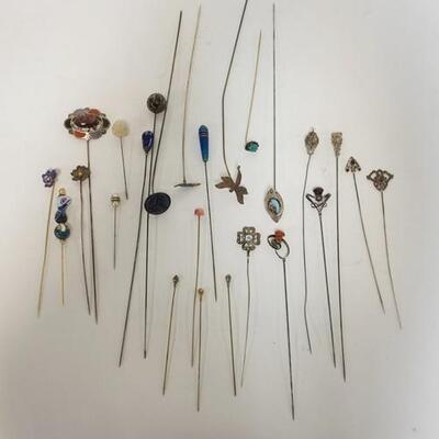 1074	GROUP OF HATPINS, 4 ARE STERLING SILVER, LARGE JEWELED OVAL IS MARKED COIN SILVER, 25 PIECES
