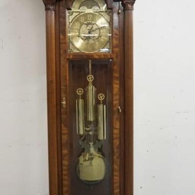 1160	CHARLES R SLIGH TALL CASE CLOCK, INLAID CASE W/3/4 CORINTHIAN COLUMNS, BROKEN ARCH TOP W/BRASS TRIMMED FINIALS, ALL GLASS IS...
