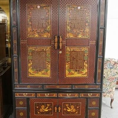1169	ASIAN PAINT DECORATED 2 PIECE CABINET, HAS 4 DRAWERS & 4 DOORS, HAS BEEN FITTED TO USE GLASS SHELVES, 80 1/4 IN HIGH X 47 1/4 IN...