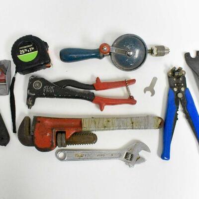 Various Hand Tools Pipe Wrench Riveter & More