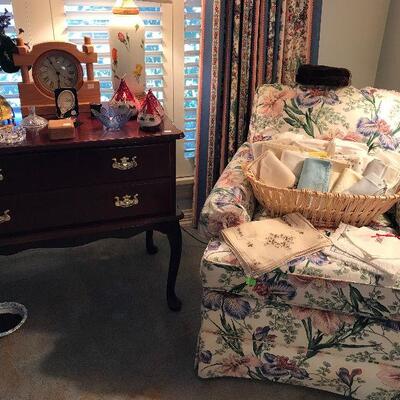 Pair of Matching Floral Chairs, Mahogany Chest, Antique Lace and Dollies