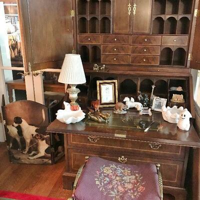 Antique Secretary, Antique Wrought Iron and Brass Bench with needlepoint cushion