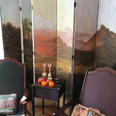 Antique Landscape Screen, Lazy Leather Covered Chairs