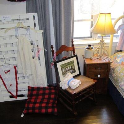 Antique Victorian cast-iron metal full-size bed w/ antique quilt & quilt tops. 2 antique Art deco dressers. Baby crib & cute rocker