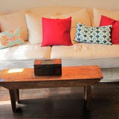 Restoration Hardware sofa w/ removable covers. Handmade bench from antique reclaimed barn wood