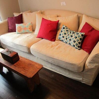 Restoration Hardware sofa w/ removable covers. Handmade bench from antique reclaimed barn wood