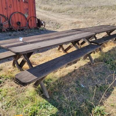 #3054 • 2 Wooden Picnic Tables And 4 Benches