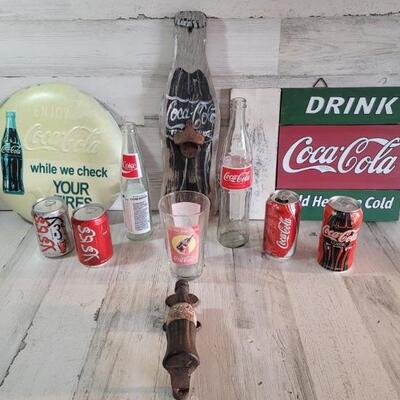 Lot of Coca-cola Products: Iron Bottle Wall Sign & Bottle Opener, 2 Wooden Signs, 1 Metal Sign, Bottles & Cans