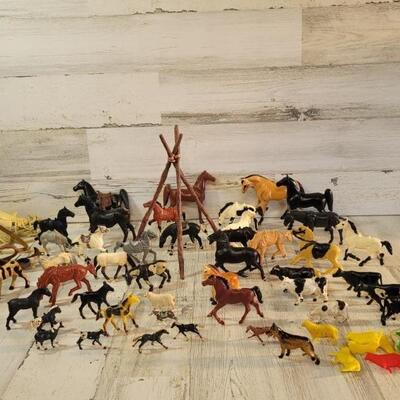 Lot of Hard Plastic Toy Horses & a Teepee Frame