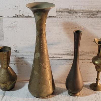 (4) Brass Vases: 3 Etched and 1 Smooth