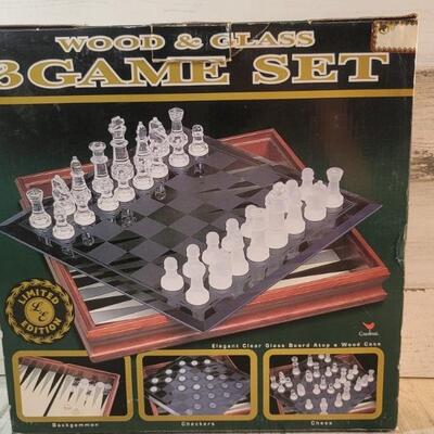 NIB Wood & Glass 3 Game Boxed Set