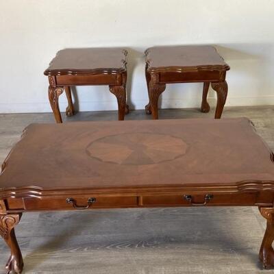 (3) Vintage Chippendale Coffee Table & 2 End Tables With Inlaid Design