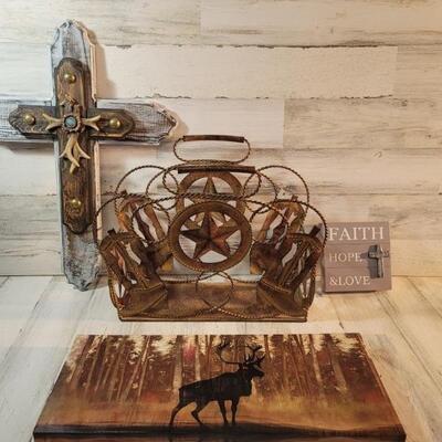(4) Western Home Decor: Magazine Rack, Cross, Moose Picture, & an Inspirational Plaque