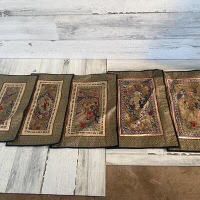 (5) Hand Embroidered Asian Mini Tapestries, China