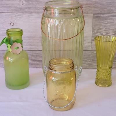 (4) Yellow & Green Vases & Handled Open Jars