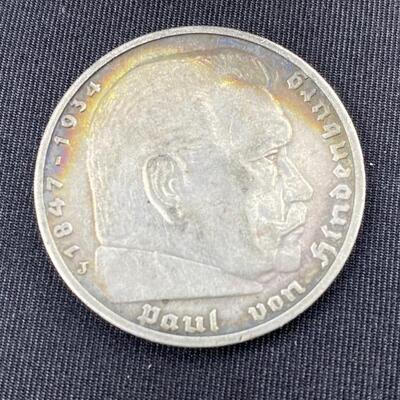 1938 Germany 5 Deutsche .625 Silver Coin
