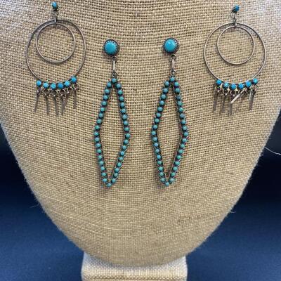 2 Pair Sterling Silver & Turquoise Dangle Earrings