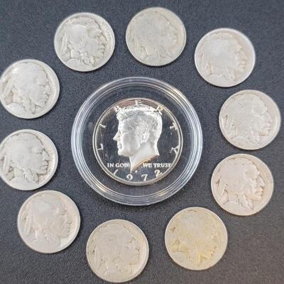 1972-S Proof Kennedy Half Dollar PLUS 10 Buffalo Nickels