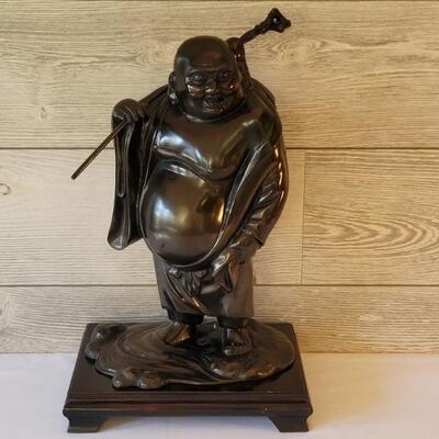 Large Meiji Japanese Bronze Buddha on Wooden Stand