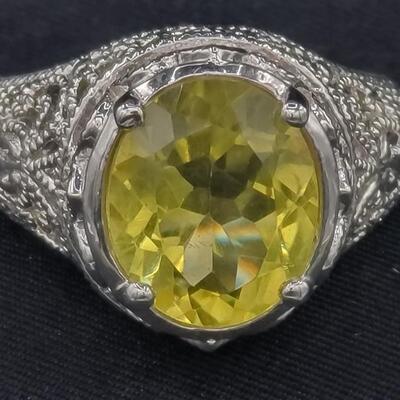 925 Silver Filigree Ring w Yellow Gemstone, Size 7