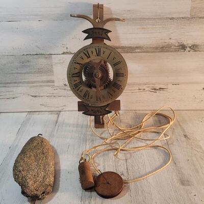 Vintage Wooden Clock Works w Stone/Rock Pendulum