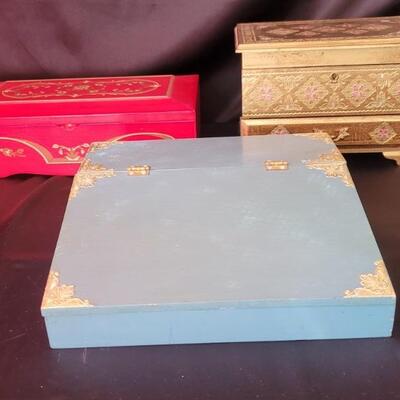 (3) Wood Boxes-2 Jewelry Music Boxes & 1 Secretary