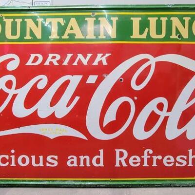 #100 â€¢ SSP 1933 Coca-Cola Fountain Lunch Sign Measures approx 96