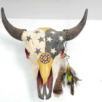 #1106 â€¢ Painted Skull: Painted Bull Skull with Feathers and Beads