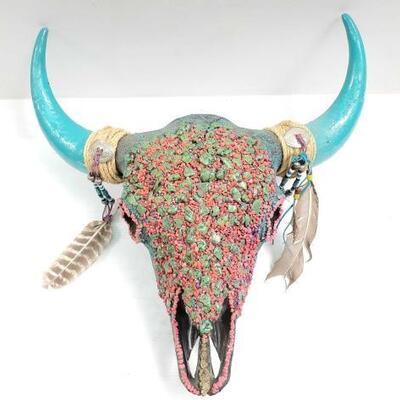 #1110 â€¢ SkullPainted Skull with Stones and Feathers Stones: Pyrite, Turquoise , and more