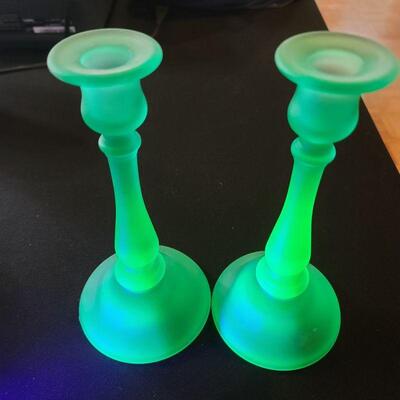 Vaseline glass frosted candlestick pair