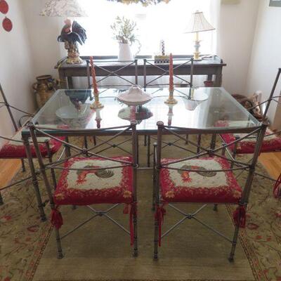 Heavy Iron dining room table/chairs w/needlepoint cushions