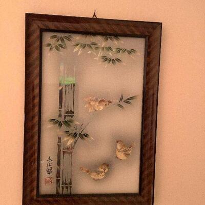 Aae086 Framed Asian Art of Birds & Bamboo w/Artist Mark