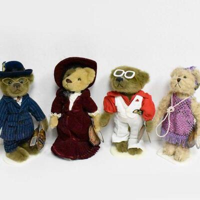 4 Brass Button Plush Bears with Stands