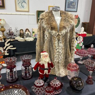 Ruby and Cranberry Glass, Antique Santa, Canadian Lynx Fur Coat