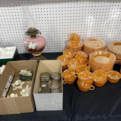 Fire King Peach Lustre, Jewelry Caskets, Oil Lamp, Snowbabies