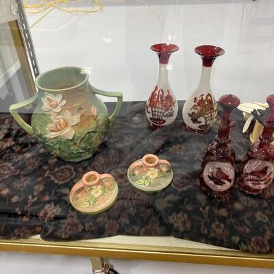Roseville Vase and Candleholders, Bohemian Glass