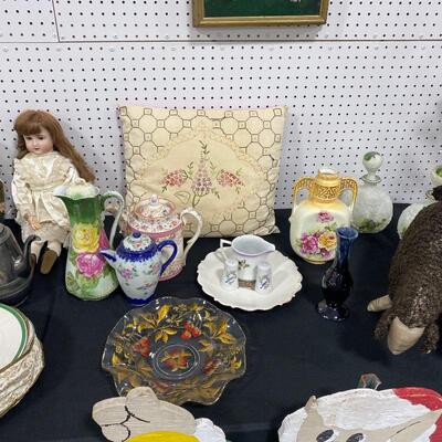Embroidered Pillow, Porcelain Dolls, Coffee Pots