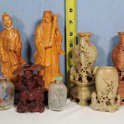 Asian wood and soapstone carvings and reverse painted snuff bottles