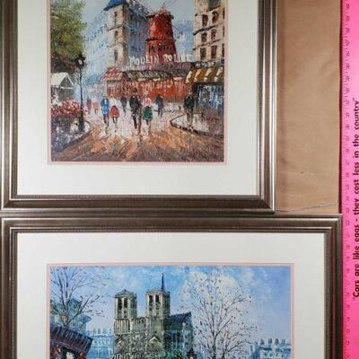 2 Burnett Parisian street scene paintings withNotre Dame Cathedral and Le Moulon Rouge