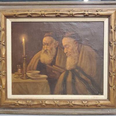 Judaica oil on canvas painitng of 2 rabbis