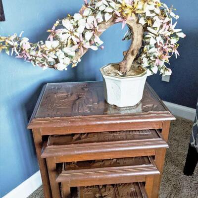 Heavy handcarved Rosewood nesting tables with Jade and Coral Bonsai Tree