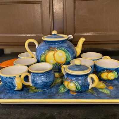 blue and yellow tea set