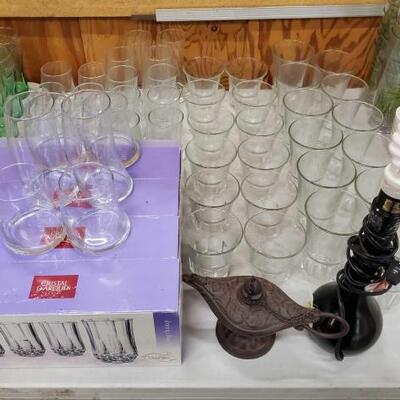 #1036 • Glass Cups, Lamp, And More: 64 glass cups 