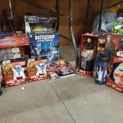 #1014 â€¢ Large Lot Of Star Wars Merchandise:Includes Board Games, Figurines, M&M's Dispenser, Water Bottles, Erasers, Playing Cards, And...