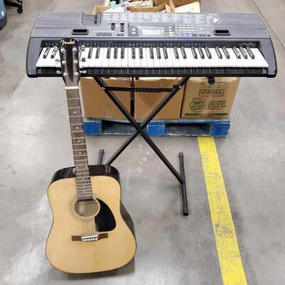 #2212 • Casio Piano with Stand and Fender Guitar