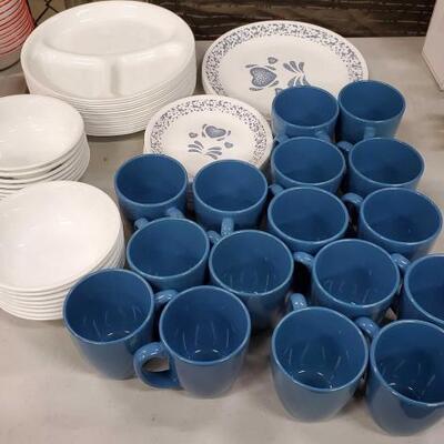 #1042 • Corelle Dish Set: Includes 16 Stoneware Mugs, 16 Bowls, And Approx 40 Plates. 